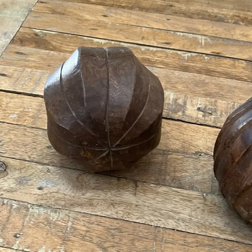 Pair of 2 Wood Carpet Ball Orb Sphere Folk Art Decor Hand Carved Vintage